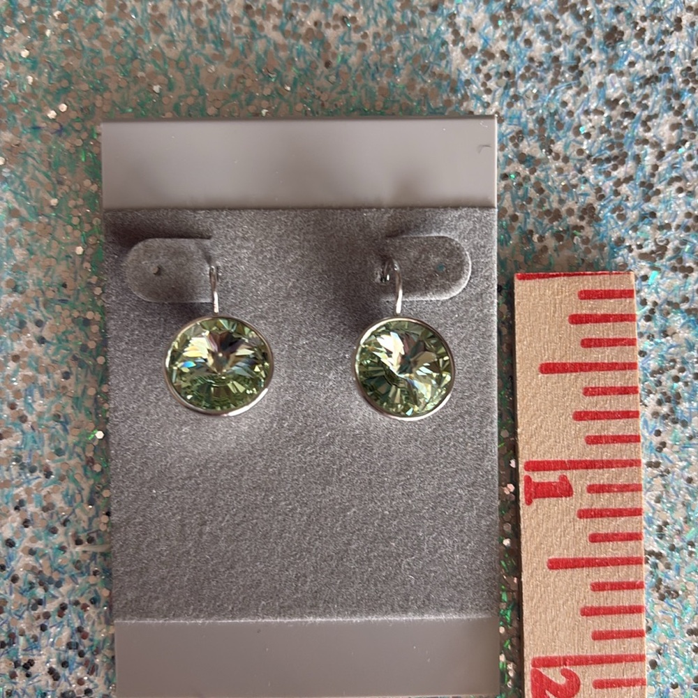 Light Lime Green Small Bella-Style Swarovski Crystal Rhodium Leverback Earrings - Picture 16 of 16